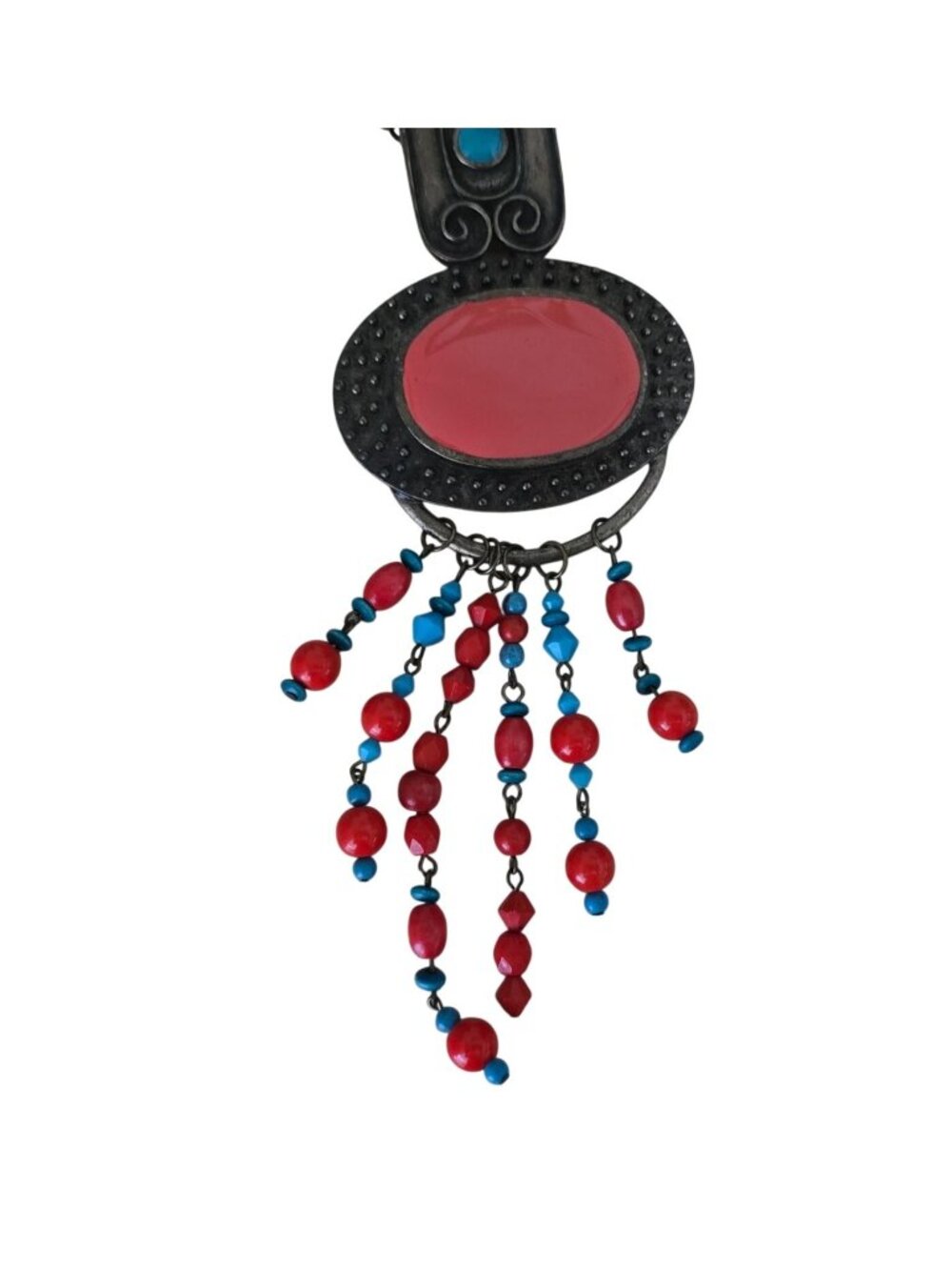 Boho Statement Necklace Set Red Blue Beads Dangle Pendant 19" Earrings - Picture 4 of 16